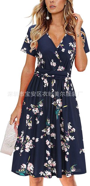 Women's Flower Print Boho Party Dress Summer V Neck Short Sleeve Mini Tank Top