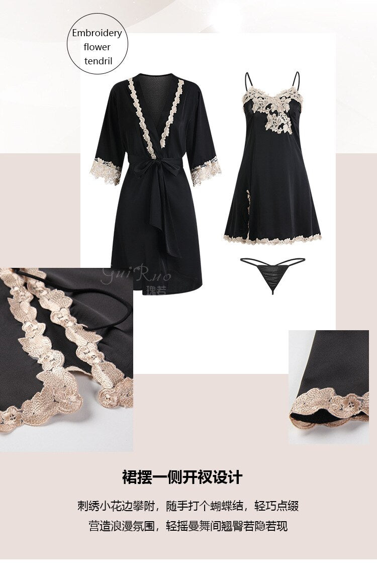 New Women`s Lingerie Sexy Satin Lace Nightgown Thong Robe Suit Female Thin Deep V Strap Nightdress Bathrobe Sets Sleepwear