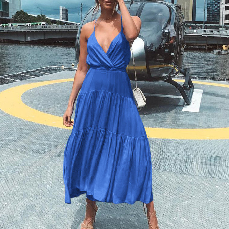 Celmia Ms. European and American style pure color temperament vacation style V-neck sexy fashion trend elegant loose leisure and elegant suspender dress