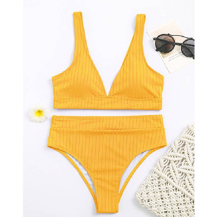 Peachtan solid  bikinis 2021 mujer  waist swimsuit women V neck swimwear female Sport bathing suit Stripe biquini