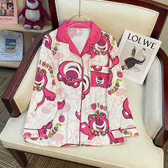 Spring and autumn long-sleeved pajamas female cardigan suit strawberry bear  milk silk home service