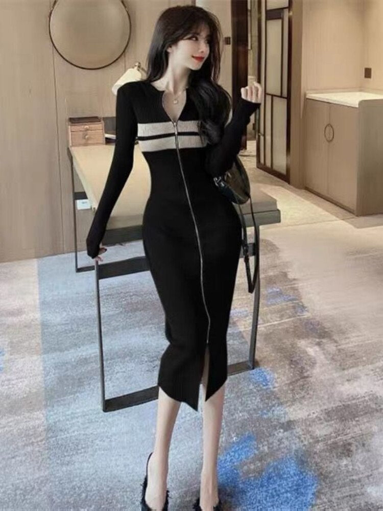 Woherb Sexy Long Sleeve Knit Dress Women Slim Classy Elegant Elastic Y2k Bodycon Vitido Midi Long Zip Dress Korea
