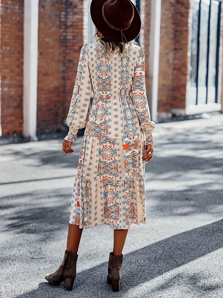 فستان بوهيمي برقبة مستديرة للربيع والخريف، تنورة كبيرة جديدة للفصول الأربعة 