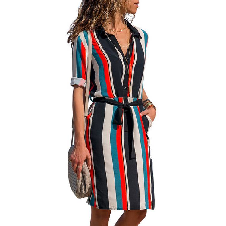 Aachoae Long Sleeve Shirt Dress 2020 Summer Boho Beach Dresses Women Casual Striped Print A line Mini Party Dress Vestidos