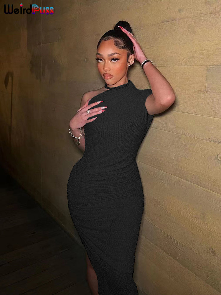 Weird Puss Solid Irregular Dress Sleeveless Summer Chic Trend Sexy Elegant Patchwork Skinny Elastic Peach Hip Bodycon Streetwear