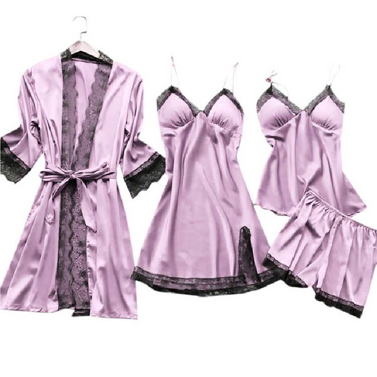 4PC Silk Robe Sleep Suit Womens Lace Satin Pajamas Gown Set V Neck Cami Nighties Wear Pijama Home Nightwear Spring Nightdress