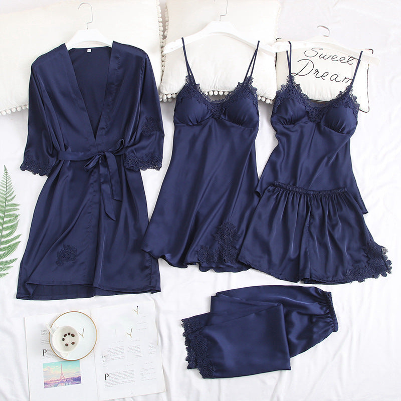 Five-piece pajamas women's summer thin ice silk suspender nightdress nightgown set