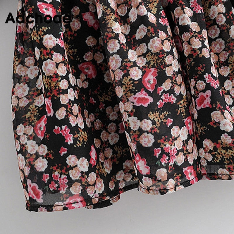 Aachoae Boho Style Floral Print Pleated Dress Long Sleeve Women Mini Dress O Neck Loose Ladies Dresses Beach Sundress Ropa Mujer