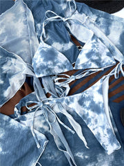 Tie Dye Long Sleeve Bikinis Swimsuits Women Four-pieces  Sets Summer Beach Swimwear Female Sarong Halter Bathing Suit Swim