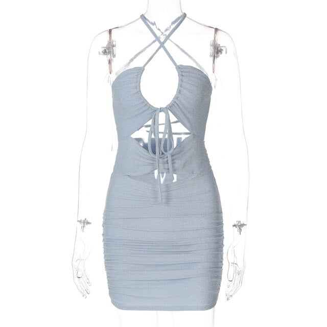 Hugcitar تألق الرسن قبالة الكتف بلا أكمام الجوف خارج الرباط مثير فستان قصير 2021 خريف Bodycon مساء حفلة أنيقة Y2K 