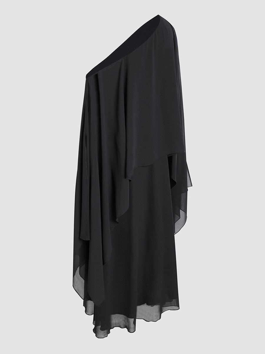 Black and white paneling elegant chiffon pleated dress