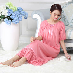 Summer Cotton Nightdress Women Korea Style Elastic Collar Short Sleeve  Long Dresses Nightgown Sleepwear Homewear Female
