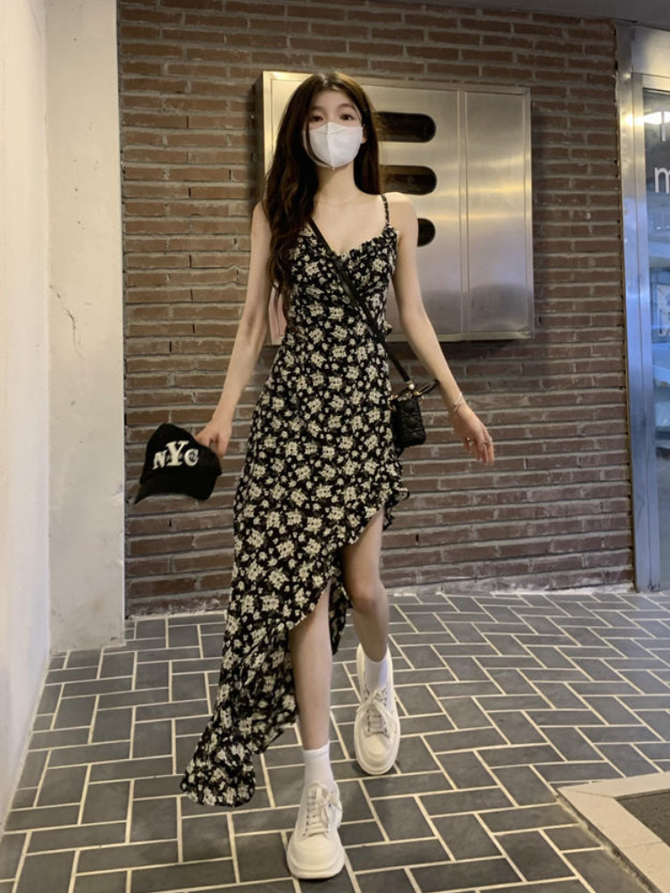 Sleeveless Dress Women Floral Side-slit Sundress Bodycon Retro Irregular Prairie Girlish Sweet Sexy Retro Harajuku Design Cool