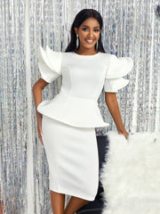 AOMEI Women Party Dress Stylish Short Sleeves Ruffles Peplum Bodycon White Event Birthday Wedding Guest Female Large Size Ladies
