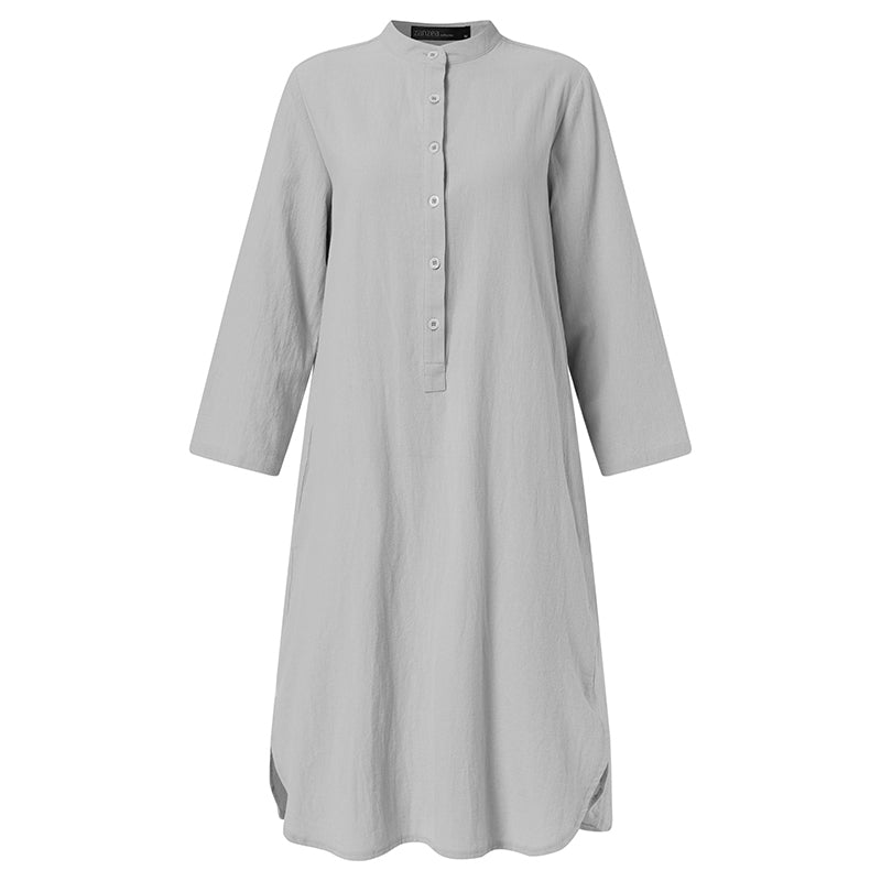 ZANZEA ladies Japanese and Korean style solid color simple temperament half placket pocket slit fashion loose daily casual mid-length shirt dress