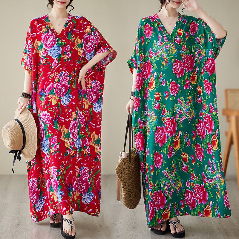 Women's summer V-neck cotton silk large size loose literary holiday style beach dress retro meat-covering long robe