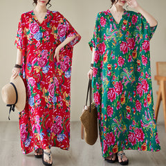 Women's summer V-neck cotton silk large size loose literary holiday style beach dress retro meat-covering long robe