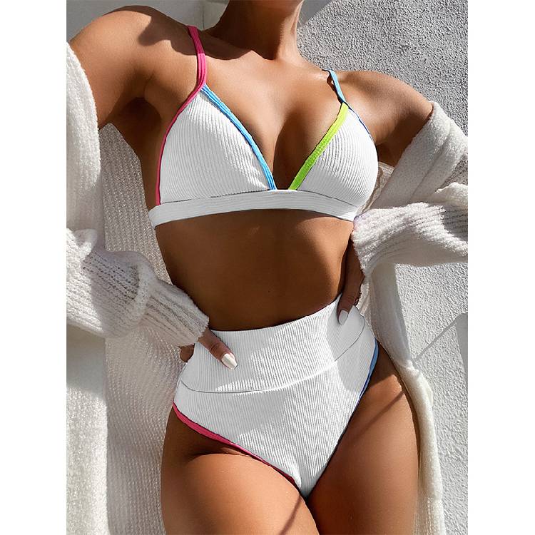 Fashion Color Border Deep V Neck  Lady  Sets Swimsuits Casual  Waist Triangle Halter Bathing Suits Beachwear Biquini