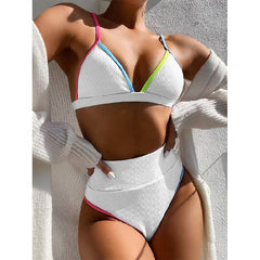 Fashion Color Border Deep V Neck  Lady  Sets Swimsuits Casual  Waist Triangle Halter Bathing Suits Beachwear Biquini