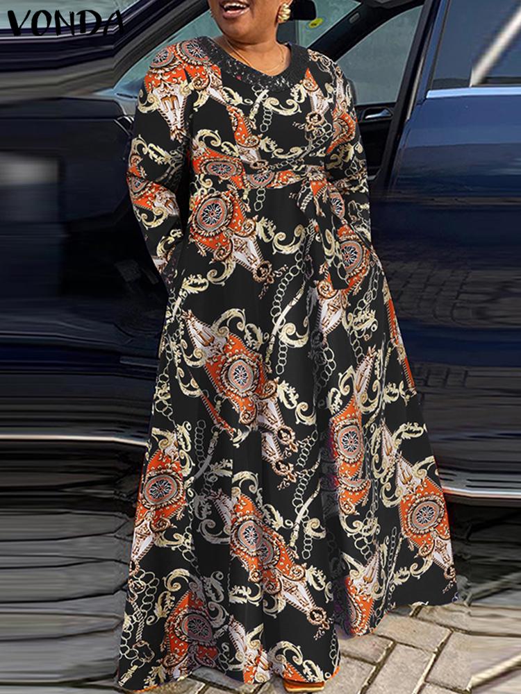 فوندا فساتين نسائية بوهو عتيقة مطبوعة بنمط عشوائي فساتين طويلة طويلة سبنج خريف غير رسمية فضفاضة على شكل حرف V وأكمام طويلة وأربطة على شكل حرف a