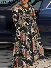 فوندا فساتين نسائية بوهو عتيقة مطبوعة بنمط عشوائي فساتين طويلة طويلة سبنج خريف غير رسمية فضفاضة على شكل حرف V وأكمام طويلة وأربطة على شكل حرف a