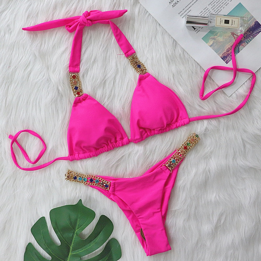 Europe and the United States 2022 new sexy metal accessories rhinestone solid color bikini women's split swimsuit strappy swimsuit wholesale