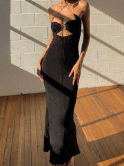 JULISSA MO Hollow Out Strapless Backless Sexy Long Dress Women Bodycon Slim Draw String Dress Female Night Club Ladies Vestidos