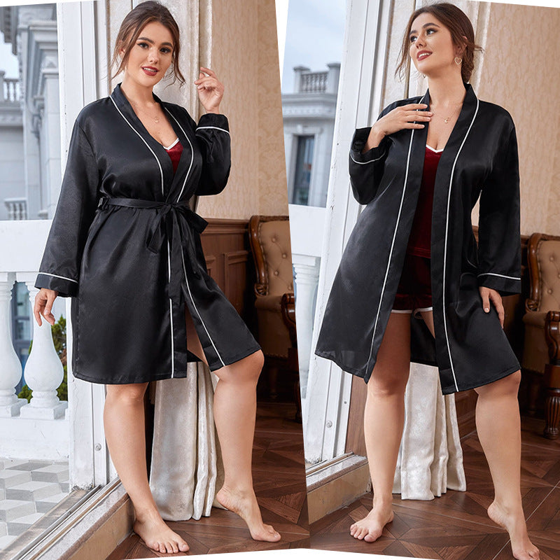 Oversized bathroom bathrobe  casual  silk pajamas women's home service simple cardigan tie-up nightgown