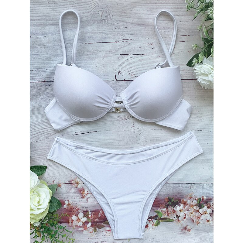 Sexy White Underwire Bra Cup Bikinis Swimsuits Women's Swimwear 2021 Summer Beach Swim Two-piece  Set Female Bathing Suits