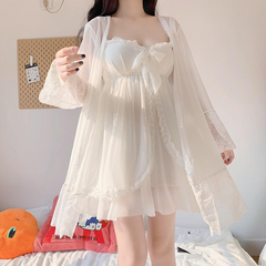 Summer burst sexy suspender nightdress with chest pad women's lace nightgown sexy temp pajamas home service set