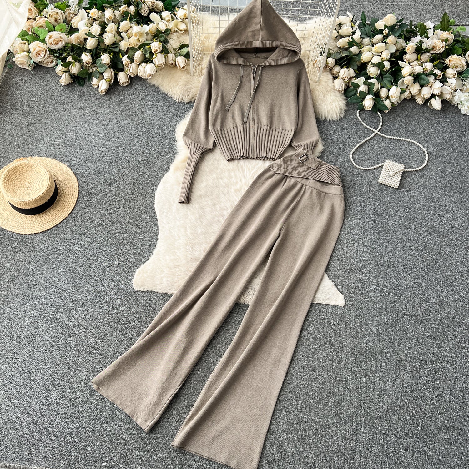 Autumn and winter European and American style minimalist solid color  hooded top +  waisted  trousers casual two-piece set