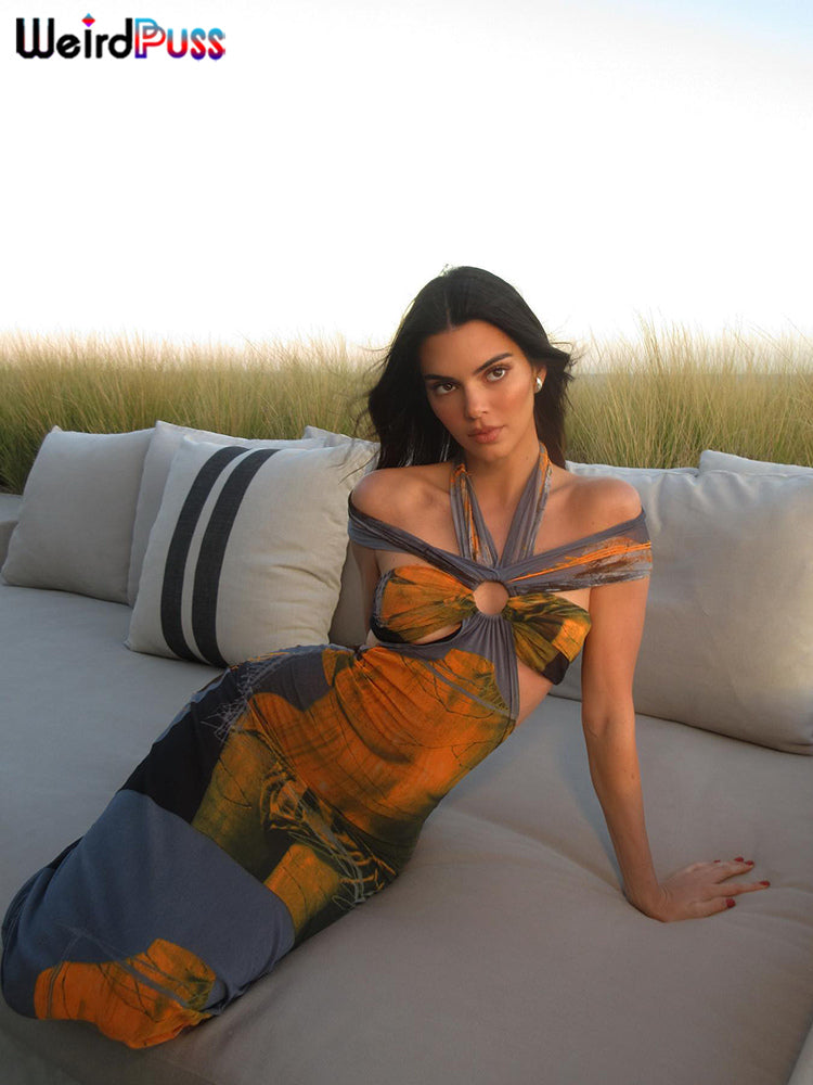 Weird Puss Colorful Print Women Maxi Dress Halter Hollow Sleeveless Slash Neck Elegant Summer Vacation Party Bodycon Vestidos