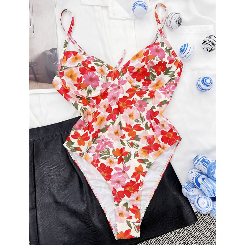 Sexy Printed One Piece Swimsuits Women Underwire Bikinis Bathing Suits 2022 New V Neck Swimming Beachwear Female Bather Swimwear