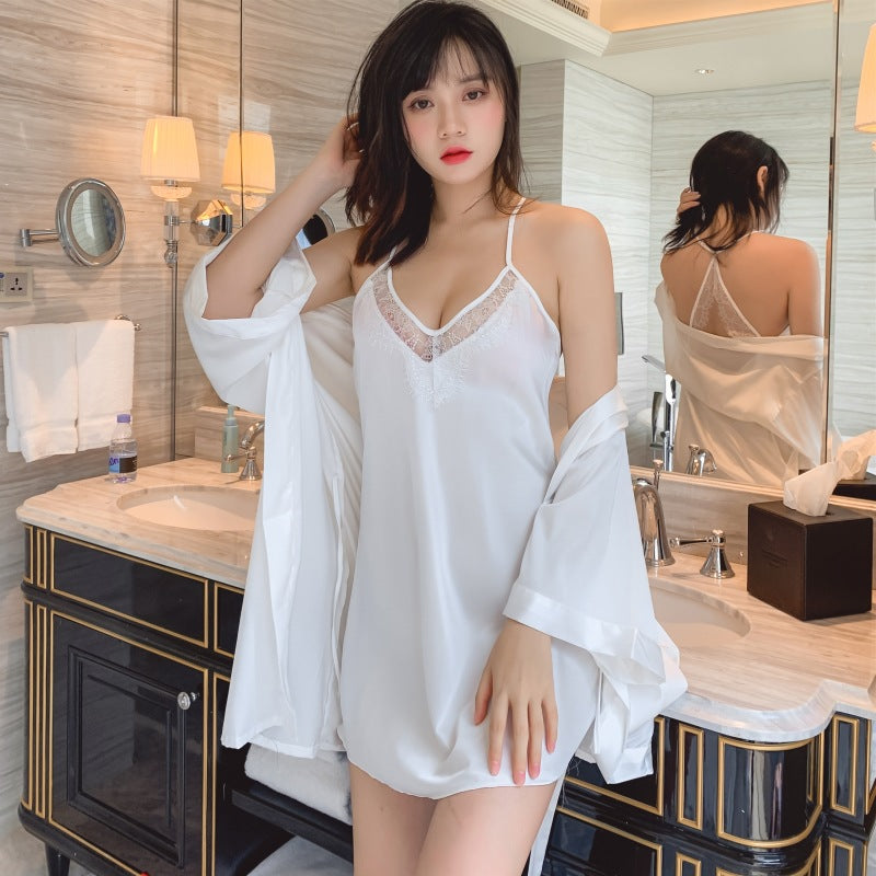 women sexy pijamas 2020 new elegant strap nightdress thin nightgown two-piece Set Nightdress and Sleepwear Robes summer ice silk sleepwear