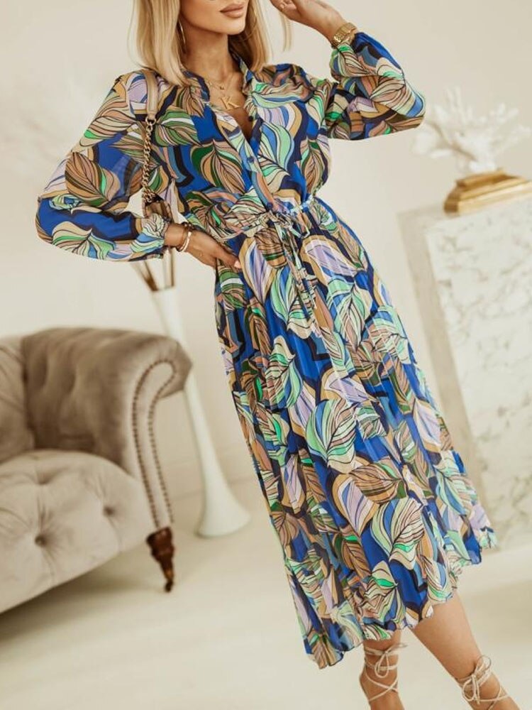 مثير الخامس الرقبة بوهو فانوس كم طويل فستان الشاطئ أنيقة مطبوعة الشيفون خمر المرأة أزياء من الدانتل حتى مطوي فستان الحفلات