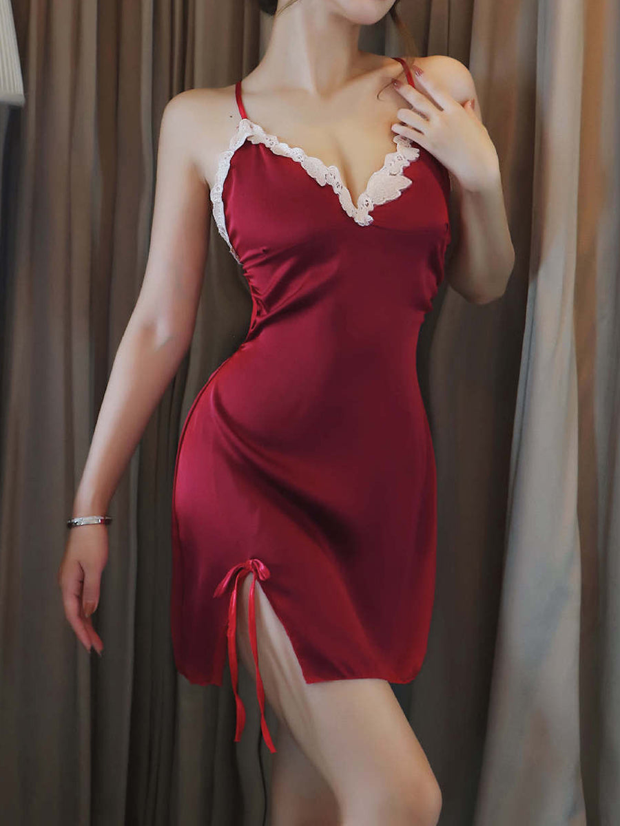 Ladies Fashion Lace Stitching  Silk Nightdress J1JX1045YML