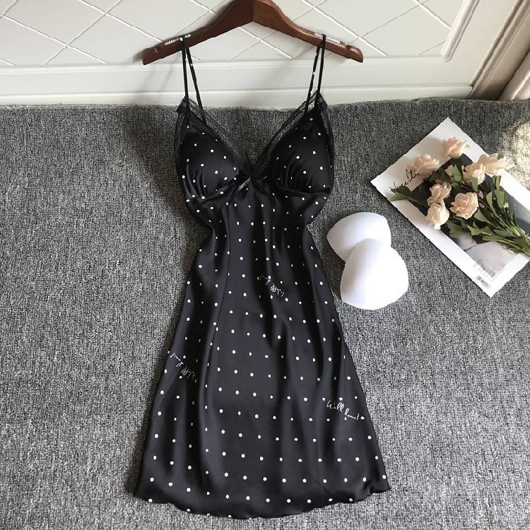Summer Lace Dot Nightgown Women Thin  Out Ice Silk Strap Chest Pad Nightdress