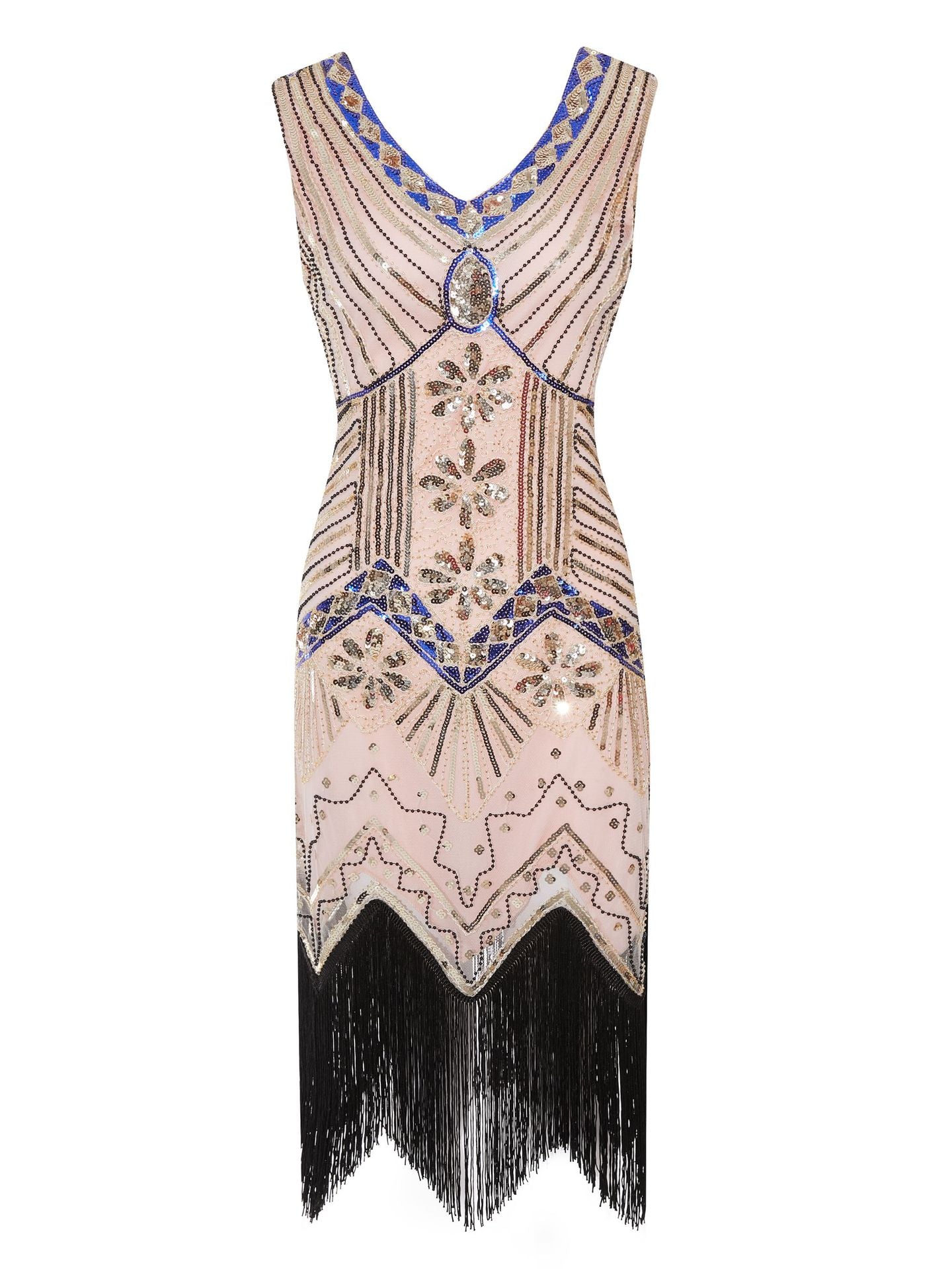 Hot selling new retro style sequined beaded dress front and back V-neck fashion fringe dress