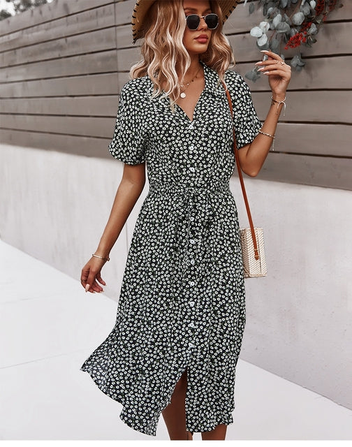 Women Flower Dress 2023 Summer Casual Short Sleeve Button Up Holiday Midi Dress Women V Neck Beach Boho Style Dress Elegant Robe