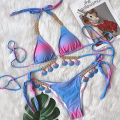 New Sexy Strap Gradient Print Women's Split Swimsuit Luxury Crystal Diamond Bikini Shell Swimsuit