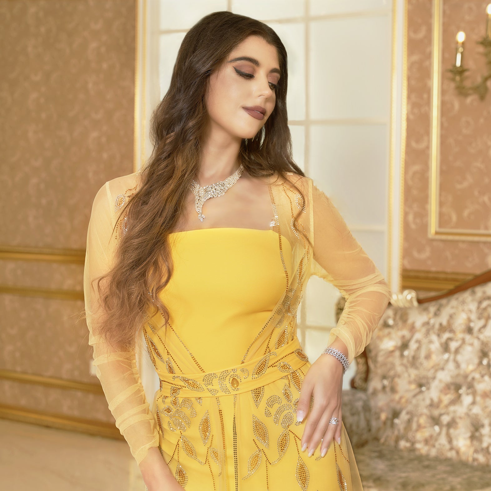 Yellow hot diamond mesh suit dress skirt