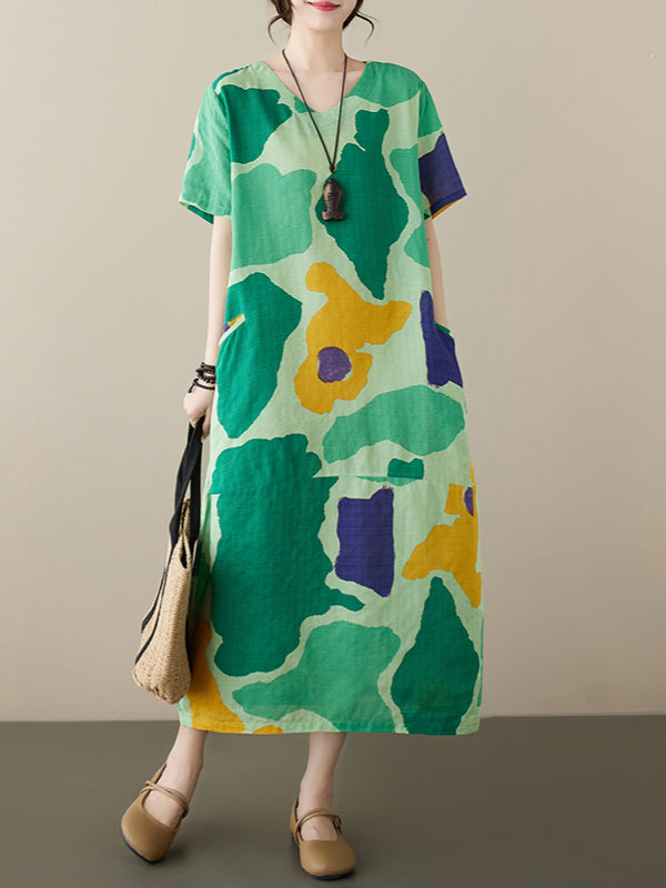 Women's summer new cotton and linen printed short-sleeved dress retro style age-reducing large size pullover V-neck mid-length skirt