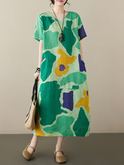 Women's summer new cotton and linen printed short-sleeved dress retro style age-reducing large size pullover V-neck mid-length skirt