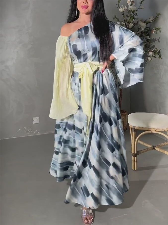 Elegant off-the-shoulder fashion print tie dress