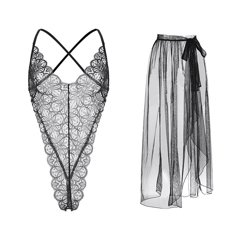 Women's sexy lingerie erotic mesh perspective hot jumpsuit lace-up veil nightdress femme slutty skirt adult  clothes see though