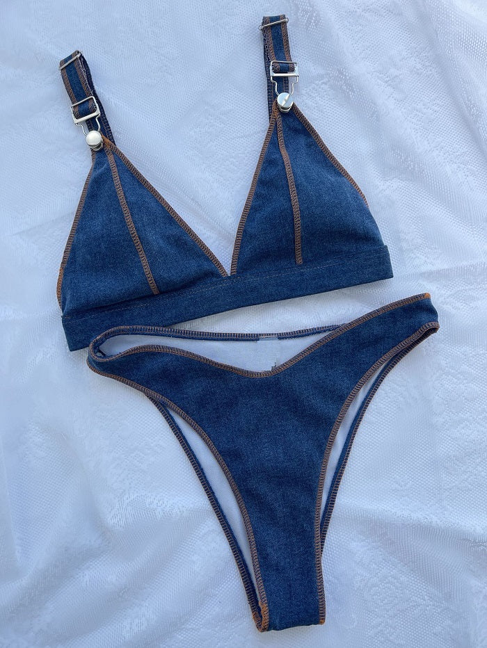New women's swimsuit European and American sexy bikini denim blue solid color