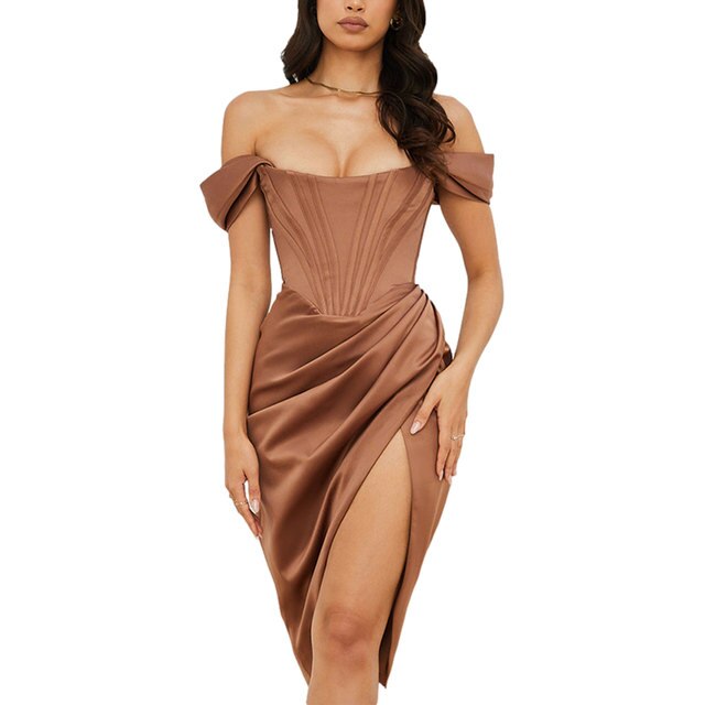 Women's Sexy Off Shoulder Split Corset Satin Dress Strapless Ruched Bodycon Midi Dress Nightclub Wedding Cocktail Party Wear