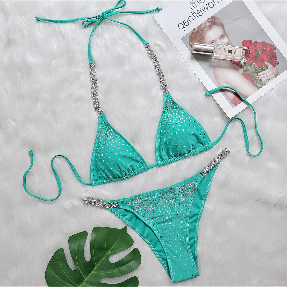 European and American spring and summer new solid color sexy hot diamond strapless backless seaside holiday beach low-cut suspenders briefs swimsuit