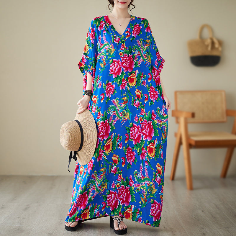 Women's summer V-neck cotton silk large size loose literary holiday style beach dress retro meat-covering long robe