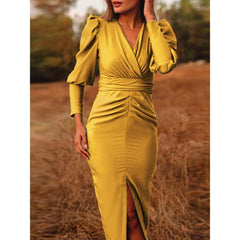 Celmia Elegant Puff Sleeve Party Dress 2022 Women Slit Hem Stain Vestidos Robe Solid V Neck Pleated Bodycon Sundress Plus Size